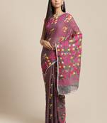 Grey & Pink Floral Woven Design Jamdani Saree Without Blouse