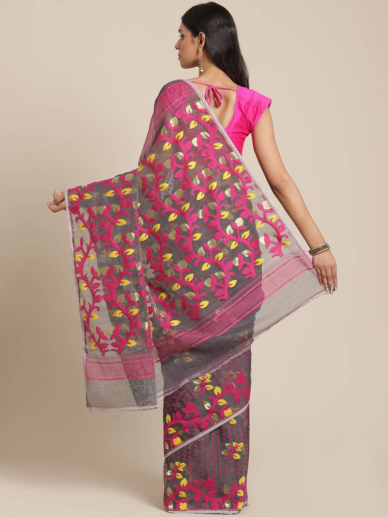 Grey & Pink Floral Woven Design Jamdani Saree Without Blouse