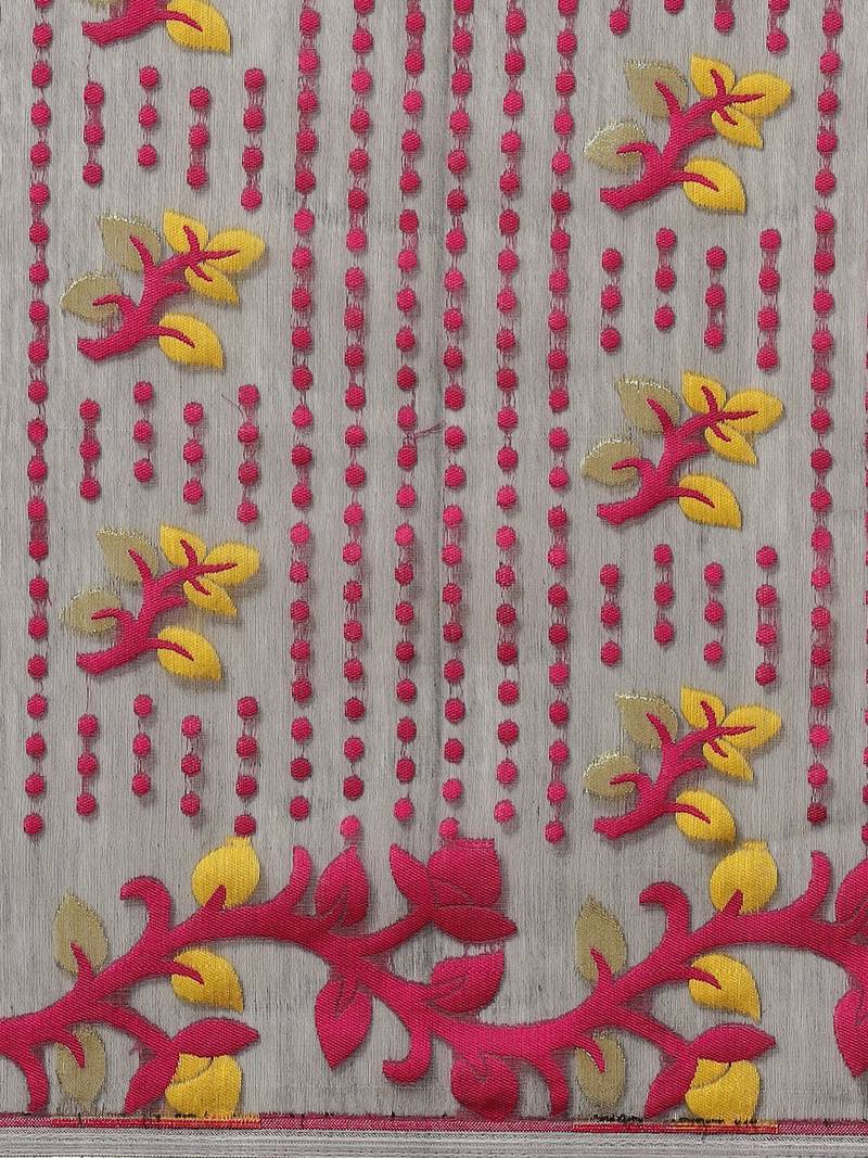 Grey & Pink Floral Woven Design Jamdani Saree Without Blouse