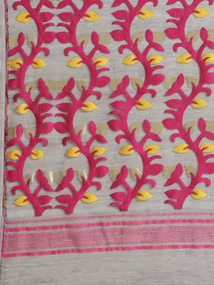 Grey & Pink Floral Woven Design Jamdani Saree Without Blouse 4