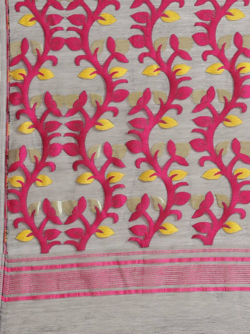 Grey & Pink Floral Woven Design Jamdani Saree Without Blouse