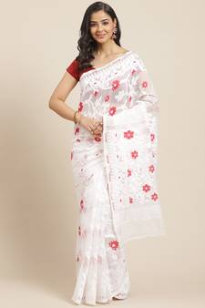White & Red Woven Design Dhakai Jamdani Saree Without Blouse