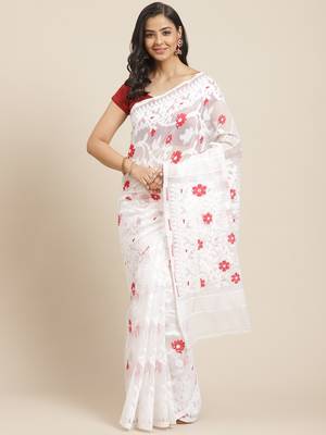 White & Red Woven Design Dhakai Jamdani Saree Without Blouse 1