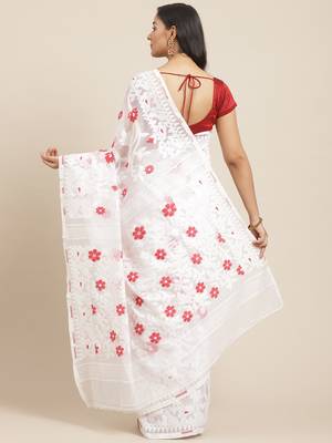 White & Red Woven Design Dhakai Jamdani Saree Without Blouse 2