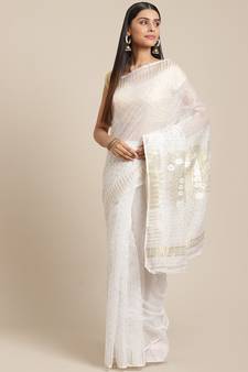 Off-White & Golden Woven Design Jamdani Saree