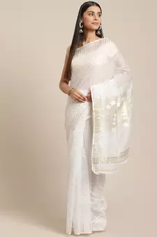 Off-White & Golden Woven Design Jamdani Saree