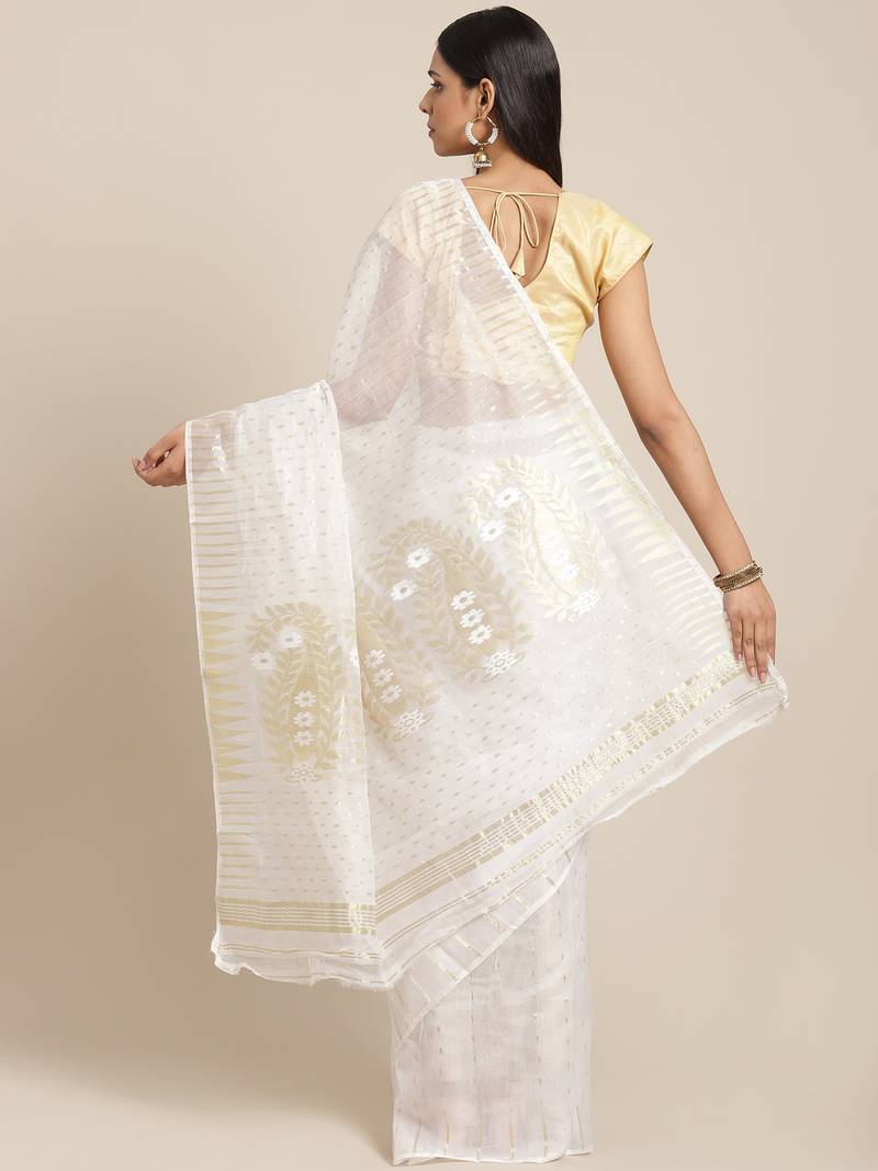 Off-White & Golden Woven Design Jamdani Saree