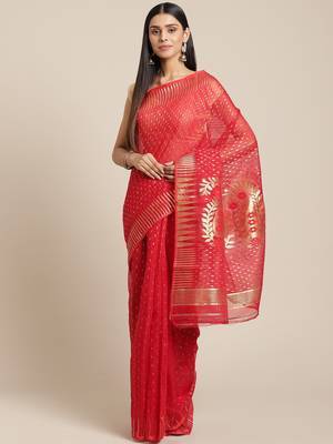 Red & Golden Woven Design Dhakai Jamdani Saree 1