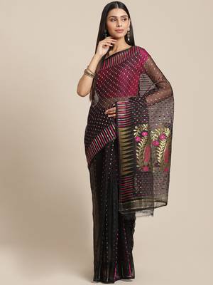 Black & Pink Woven Design Dhakai Jamdani Saree Without Blouse 1