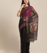 Black & Pink Woven Design Dhakai Jamdani Saree Without Blouse