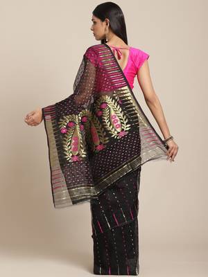 Black & Pink Woven Design Dhakai Jamdani Saree Without Blouse 2