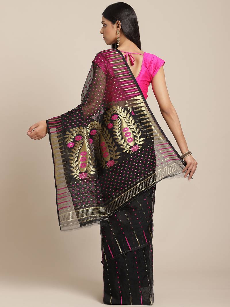 Black & Pink Woven Design Dhakai Jamdani Saree Without Blouse
