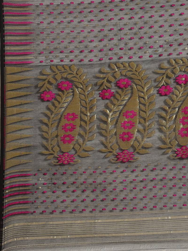 Black & Pink Woven Design Dhakai Jamdani Saree Without Blouse