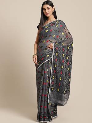 Grey & Yellow Woven Design Dhakai Jamdani Saree Without Blouse 1