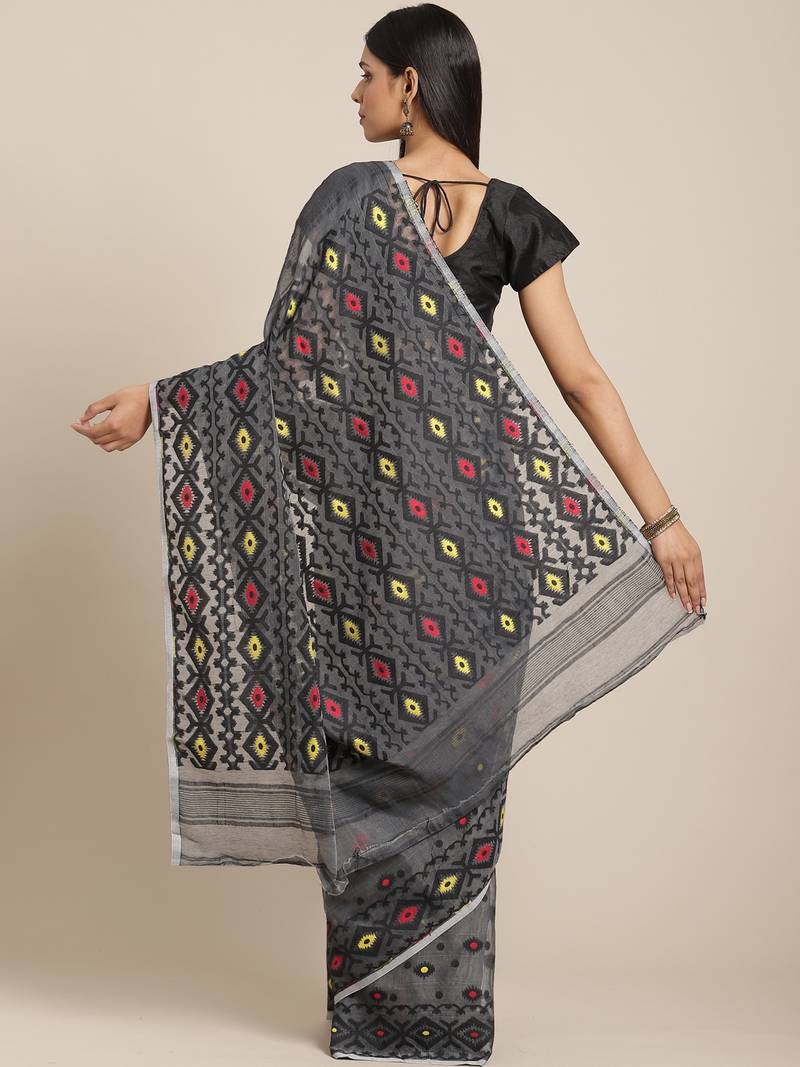 Grey & Yellow Woven Design Dhakai Jamdani Saree Without Blouse