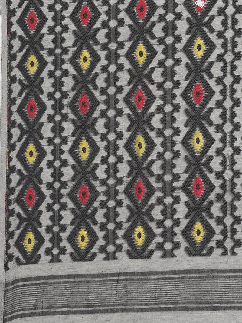 Grey & Yellow Woven Design Dhakai Jamdani Saree Without Blouse