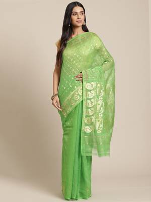 Green & Golden Woven Design Jamdani Saree Without Blouse 1