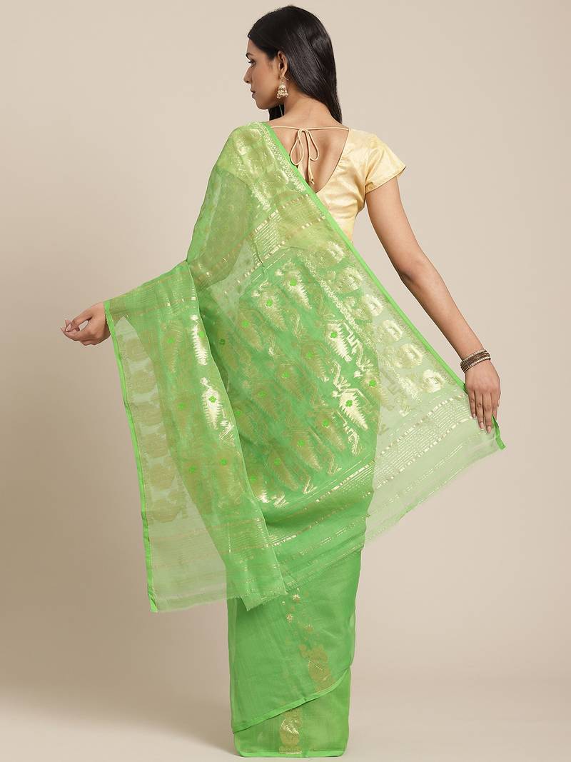 Green & Golden Woven Design Jamdani Saree Without Blouse