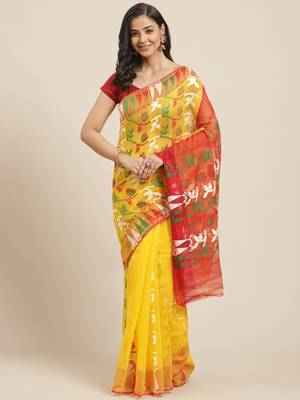 Yellow & Red Woven Design Jamdani Saree 1