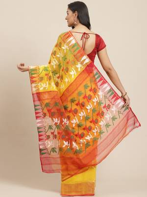 Yellow & Red Woven Design Jamdani Saree 2