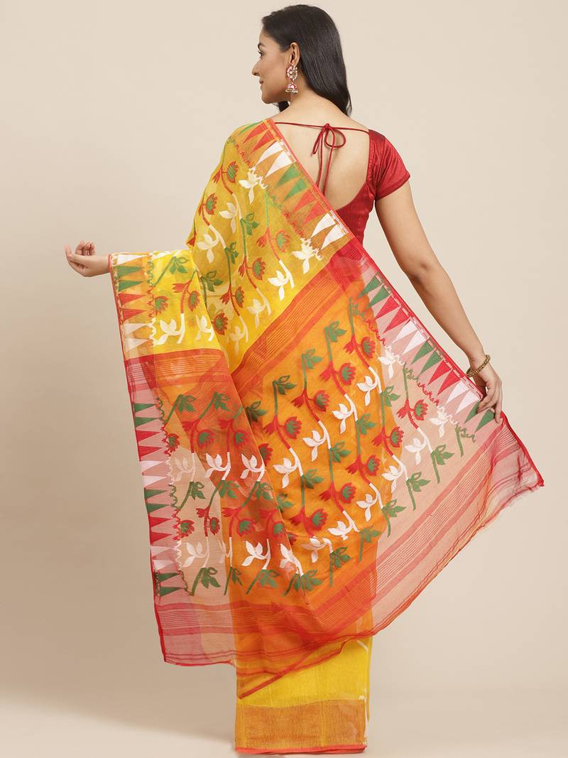 Yellow & Red Woven Design Jamdani Saree
