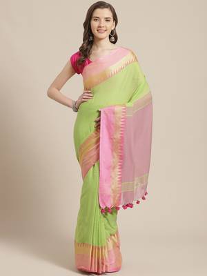 Green & Pink Pure Cotton Solid Bengal Handloom Saree 1