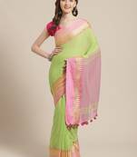 Green & Pink Pure Cotton Solid Bengal Handloom Saree