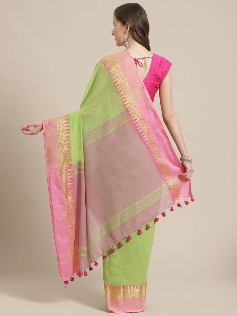 Green & Pink Pure Cotton Solid Bengal Handloom Saree