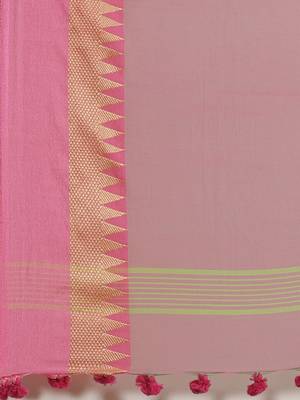 Green & Pink Pure Cotton Solid Bengal Handloom Saree 4