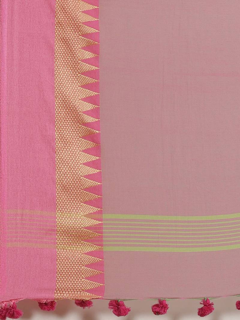Green & Pink Pure Cotton Solid Bengal Handloom Saree