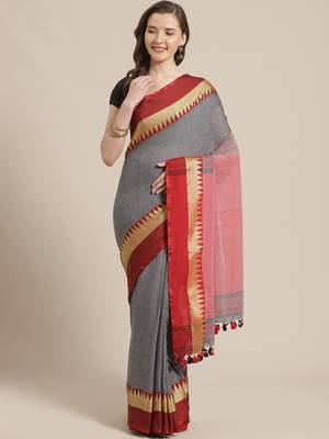 Grey & Red Pure Cotton Solid Bengal Handloom Saree 1