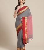 Grey & Red Pure Cotton Solid Bengal Handloom Saree