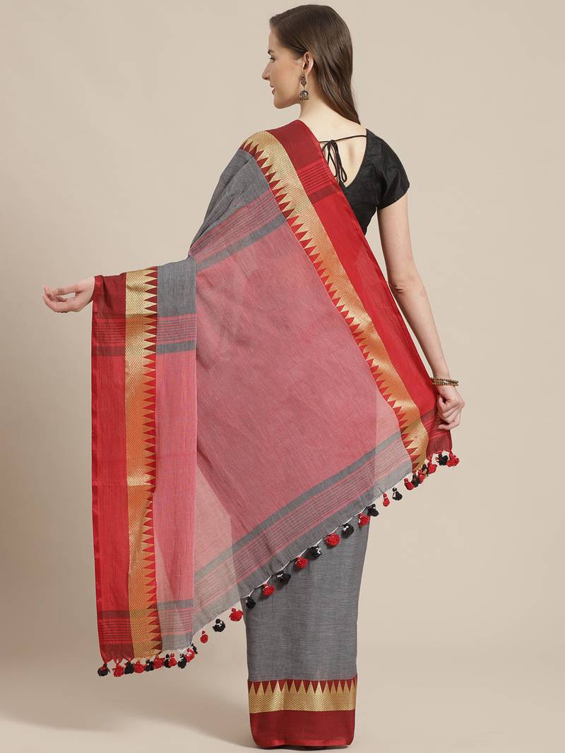 Grey & Red Pure Cotton Solid Bengal Handloom Saree