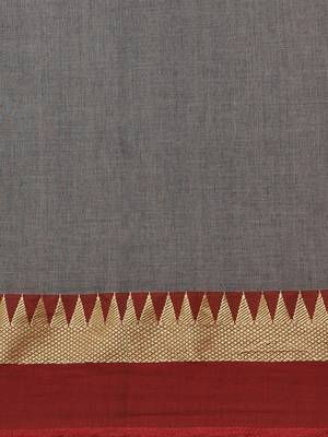Grey & Red Pure Cotton Solid Bengal Handloom Saree 3
