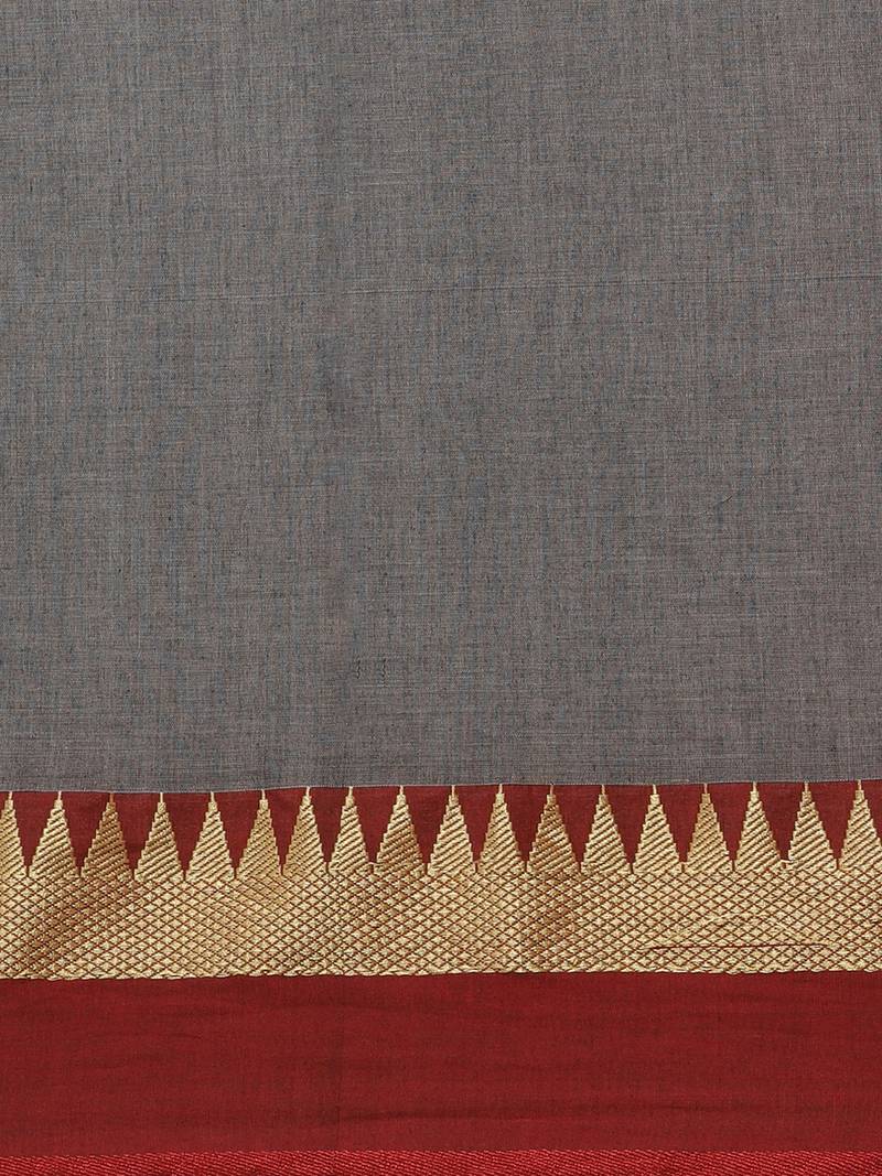Grey & Red Pure Cotton Solid Bengal Handloom Saree