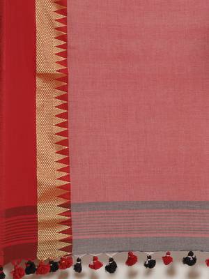 Grey & Red Pure Cotton Solid Bengal Handloom Saree 4