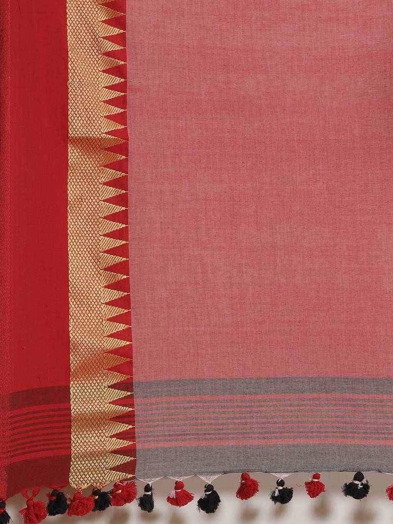 Grey & Red Pure Cotton Solid Bengal Handloom Saree