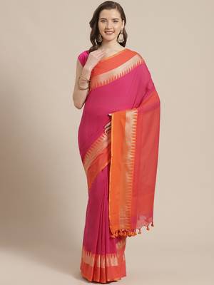 Pink & Orange Pure Cotton Solid Bengal Handloom Saree 1