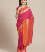 Pink & Orange Pure Cotton Solid Bengal Handloom Saree