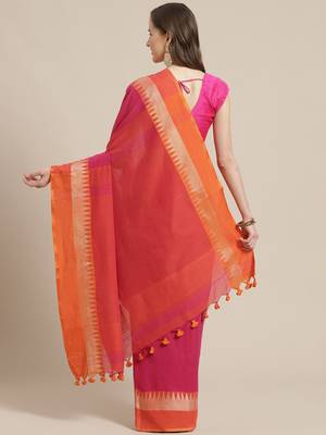 Pink & Orange Pure Cotton Solid Bengal Handloom Saree 2