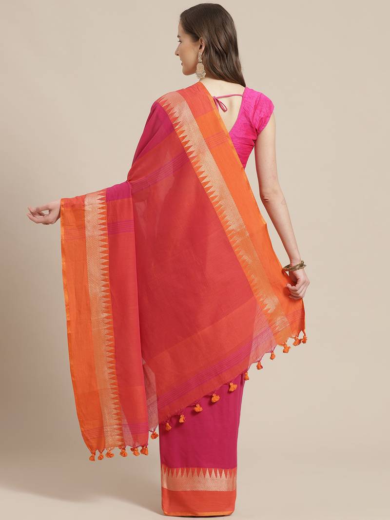 Pink & Orange Pure Cotton Solid Bengal Handloom Saree
