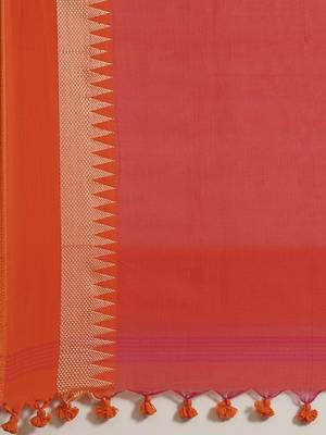 Pink & Orange Pure Cotton Solid Bengal Handloom Saree 4