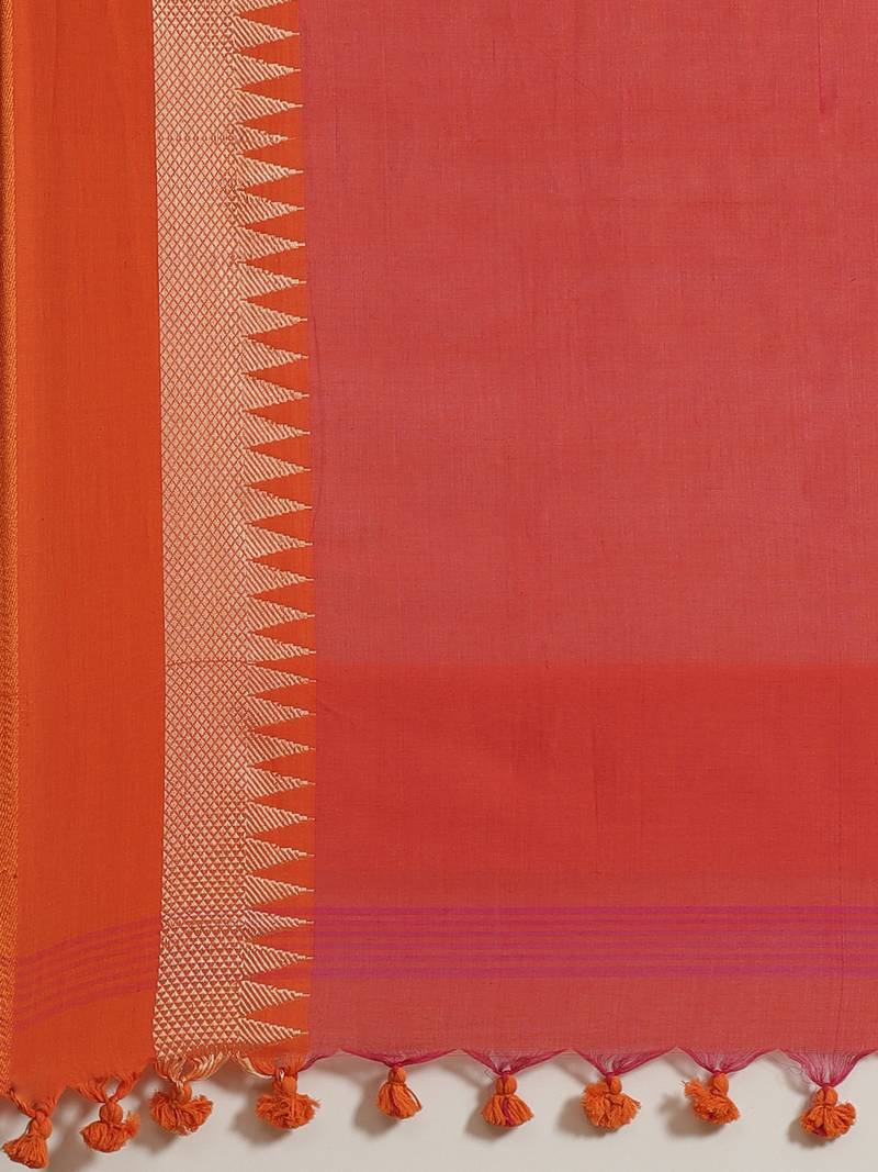 Pink & Orange Pure Cotton Solid Bengal Handloom Saree