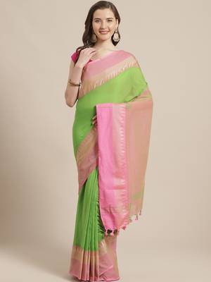 Green & Pink Pure Cotton Bengal Handloom Solid Saree 1