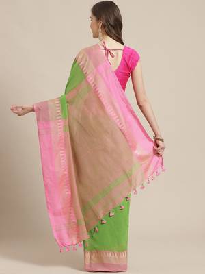 Green & Pink Pure Cotton Bengal Handloom Solid Saree 2