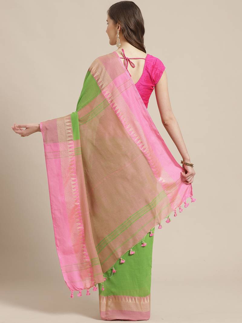 Green & Pink Pure Cotton Bengal Handloom Solid Saree