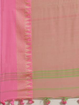 Green & Pink Pure Cotton Bengal Handloom Solid Saree 4