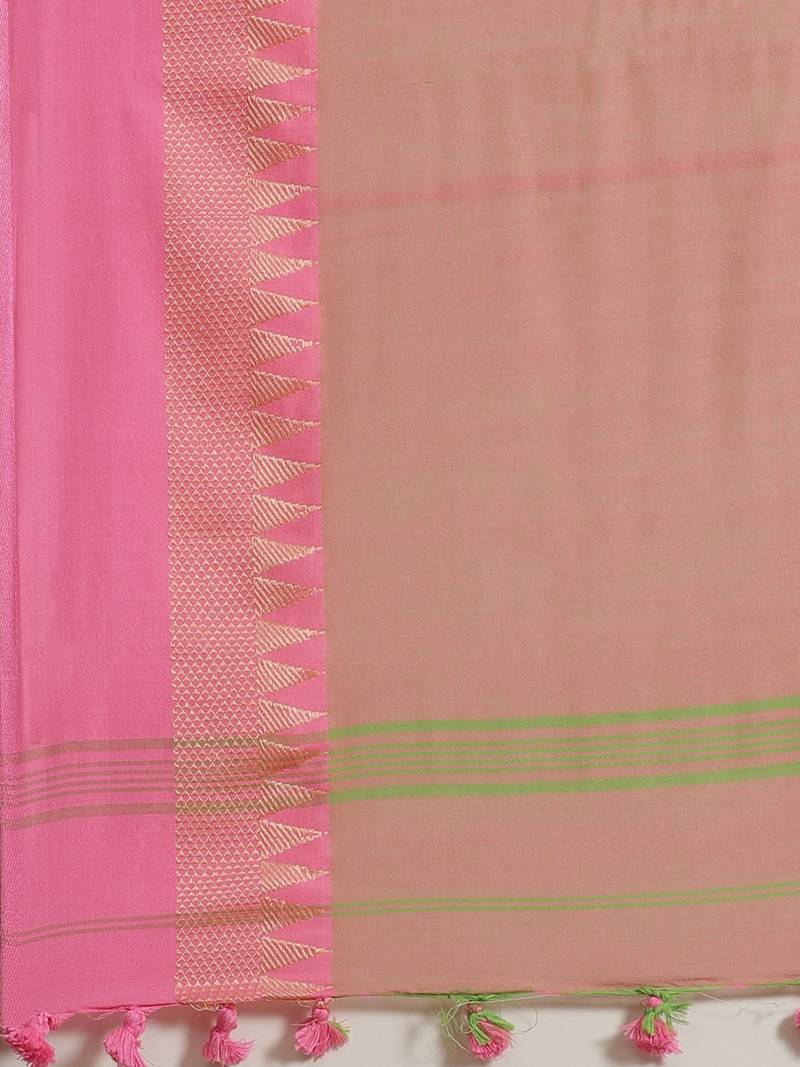 Green & Pink Pure Cotton Bengal Handloom Solid Saree