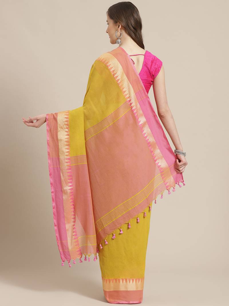 Yellow & Pink Pure Cotton Solid Bengal Handloom Saree