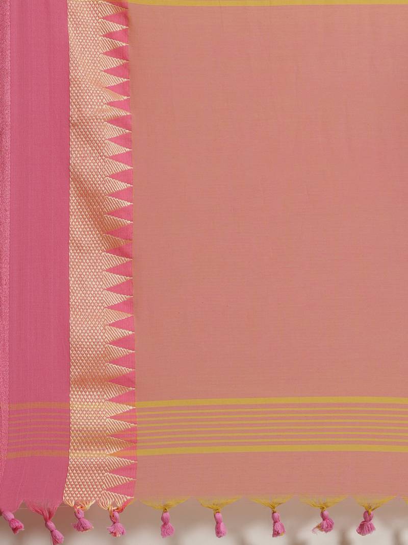 Yellow & Pink Pure Cotton Solid Bengal Handloom Saree